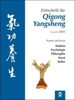 Titelseite, blauer Streifen links mit chinesischen Zeichen für Qigong Yangsheng, Ausgabe: 2025, Theorie und Praxis zu Medizin, Psychologie, Philosophie, Kunst und Kultur. Unten Zeichnung einer Figur